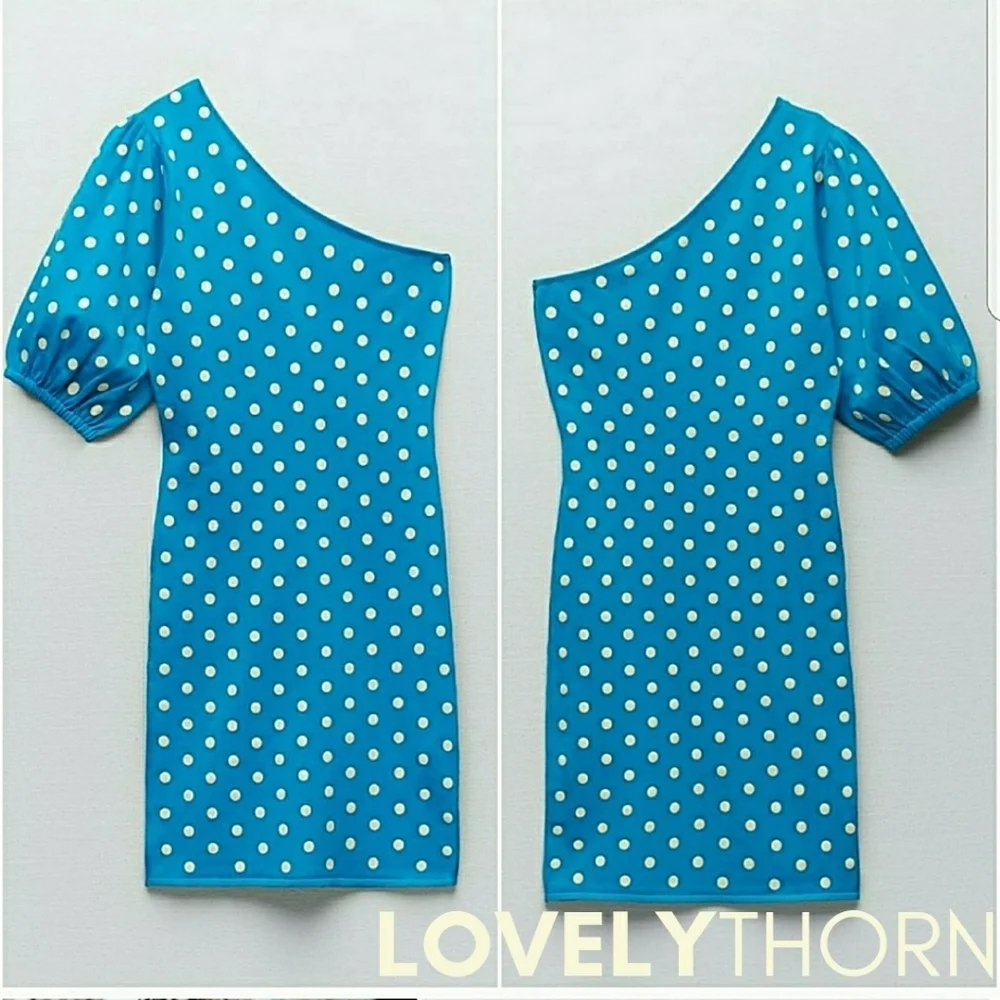 ZARA // turquoise polka dot one puff shoulder soft & stretchy knit mini dress - Picture 4 of 16